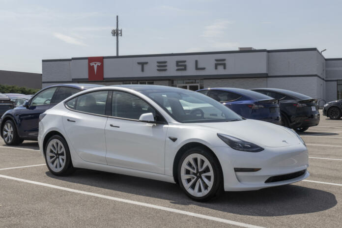 Indianapolis - Circa September 2022: Tesla EV electric vehicles on display. Tesla products include electric cars, battery energy storage and solar panels.