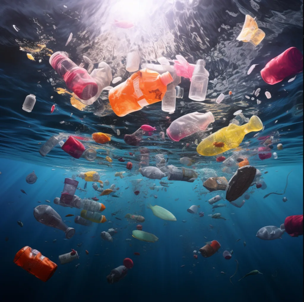 Pollution of the ocean with plastic waste floating underneath
