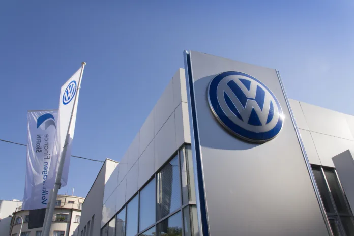 Prague, Czech republic - October 1, 2015: Volkswagen car maker logo on a building of dealership on October 1, 2015 in Prague, Czech republic.