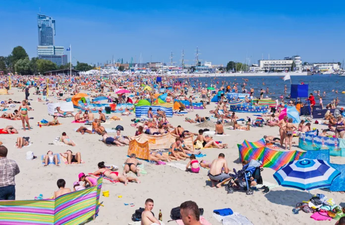 GDYNIA, POLAND - AUGUST 2, 2015: Crowded Municipal beach in Gdynia city, Baltic sea, Poland