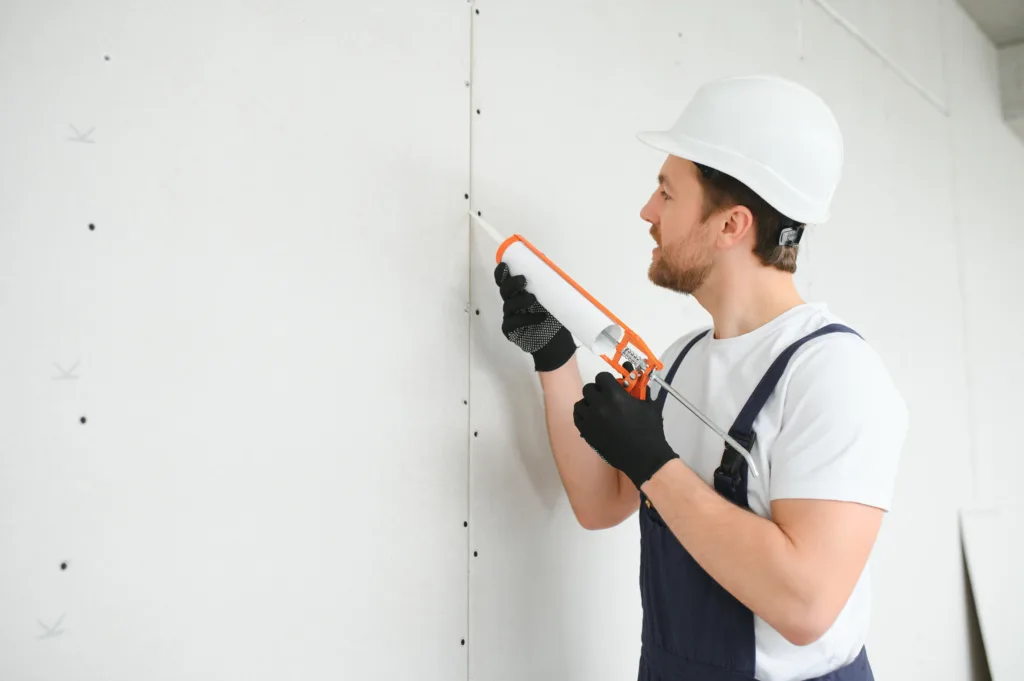 Professional Workman Applying Silicone Sealant With Caulking Gun on the Wall.