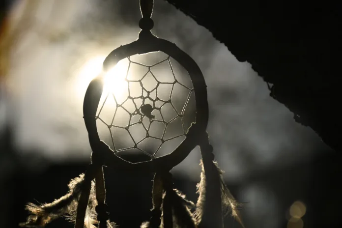 A silhouette image of a dreamcatcher hanging on a tree branch at sunset.