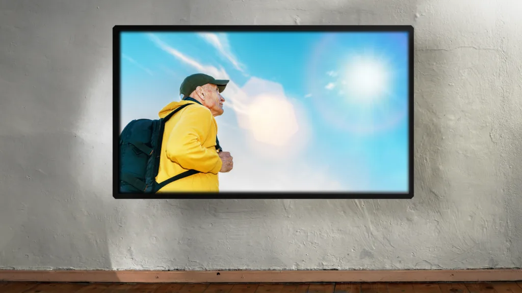 Large tv flatscreen with old traveler image hanging on white concrete wall. Concept presentation and advertising.