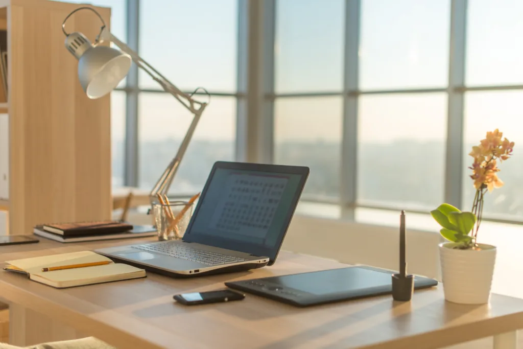 Side view picture of studio workplace with blank notebook, laptop. Designer comfortable work table, home office