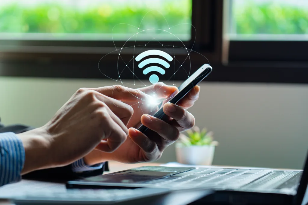 Wifi internet access concept, Business people connect WiFi technology. connect instantly via smartphone and high-speed hotspot. Fast internet wifi hotspot sharing. Working with various applications