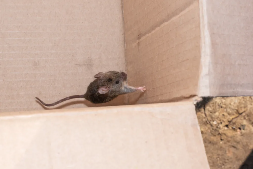 A house mouse trapped, crammed in the corner of a box, dead end, no way out