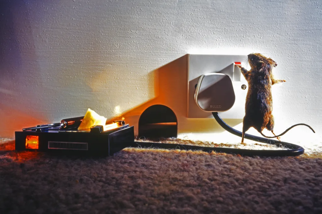 Humorous image of mouse switching off an electric mousetrap