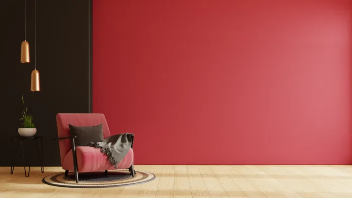 Viva magenta wall background mockup with armchair furniture and decor.3d rendering