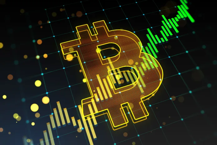 Creative growing green candlestick forex chart and bitcoin on blurry background. Trade and finance concept. 3D Rendering