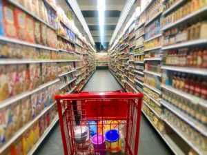 Shopping cart with food in the supermarket ￼