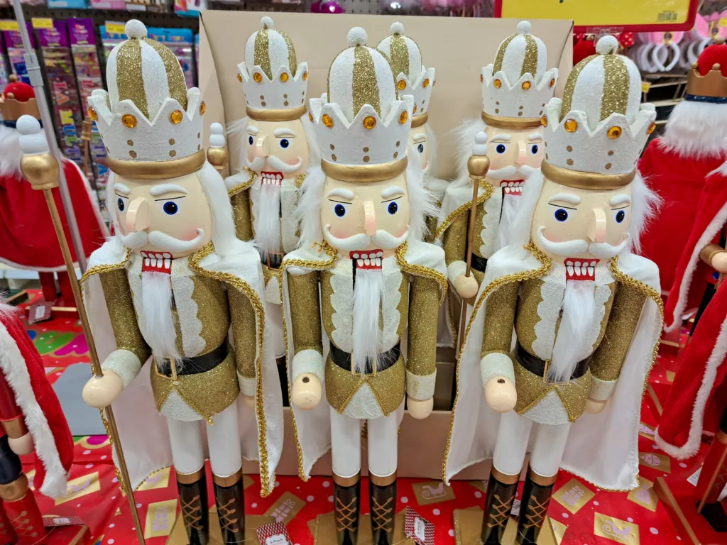 Christmas decorations put on the shelf in the toy store nutcracker