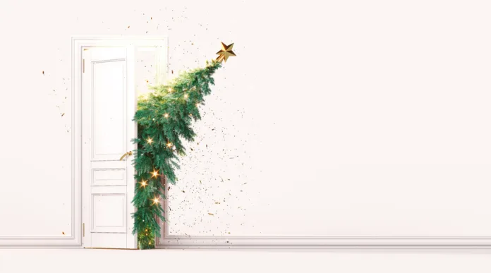 Christmas tree enters the door. Christmas is here concept on white background with copy space. 3D Rendering, 3D Illustration