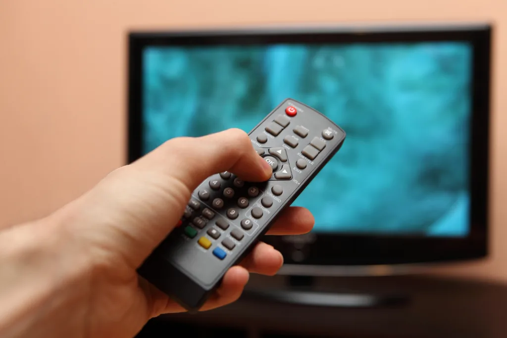 Hand holding TV remote control with a television in the background. LCD screen